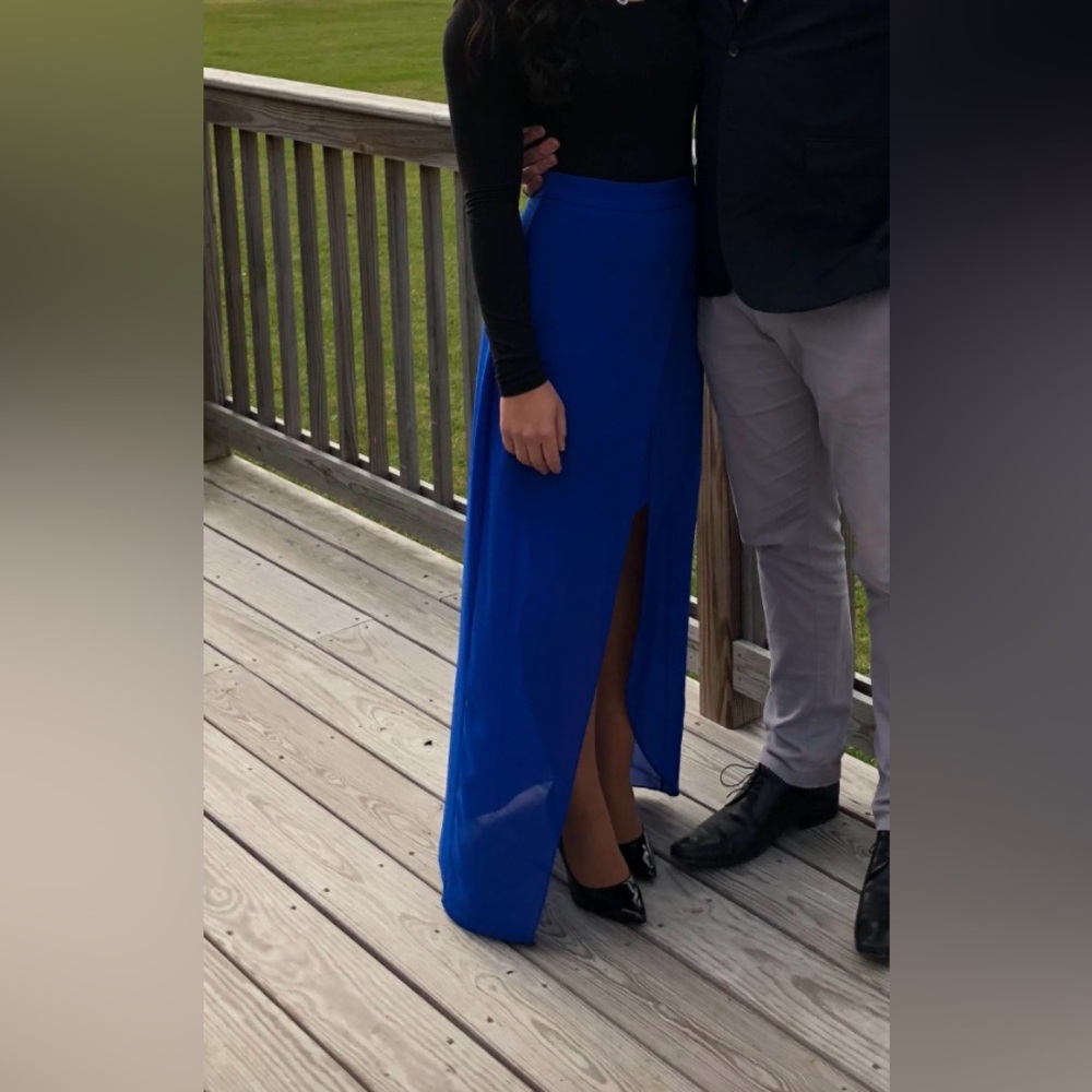 Royal blue mini skirt with sheer overlay